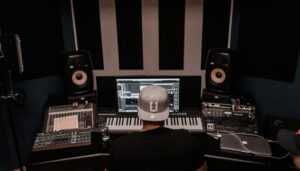 A music producer working in a modern studio with keyboards and monitors. Perfect for music industry visuals.